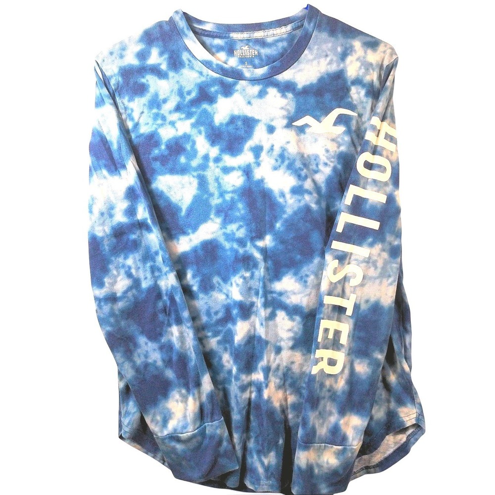 Hollister Mens S Long Sleeve Cotton Blue White Tie Dye Logo Graphic Streetwear - Picture 3 of 9